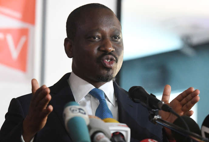 Guillaume Soro s’exprime lors du lancement d’un nouveau mouvement, appelé Comité politique, une semaine après sa démission du poste de président de l’Assemblée nationale ivoirienne, le 15 février 2019, à Abidjan.